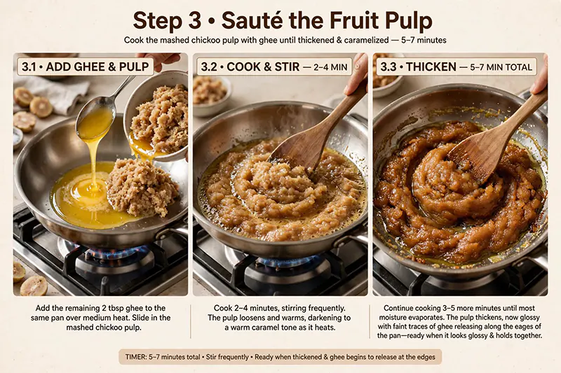 Soft, Danedar Chickoo Halwa (Sapota Halwa) Saute the Fruit Pulp in ghee
