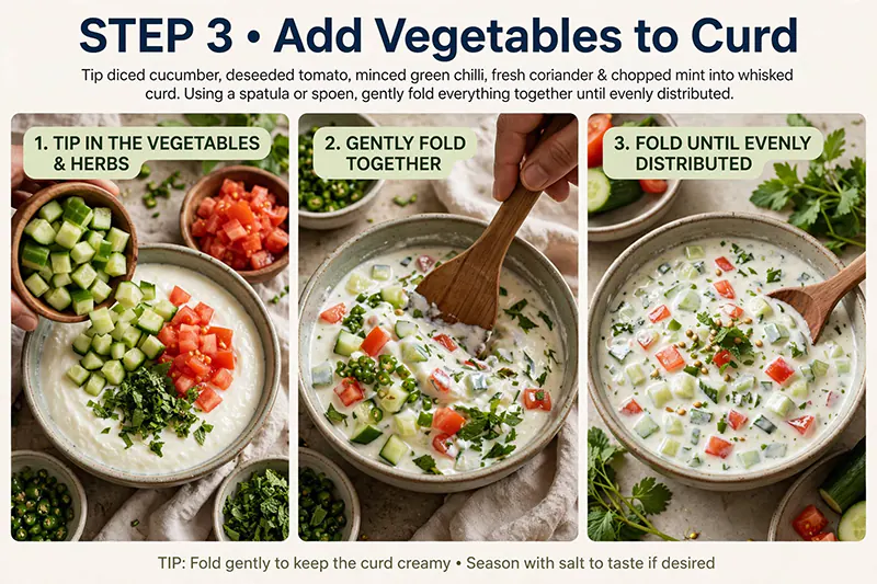 Refreshing Cucumber Tomato Raita (Kheera Tamatar Raita) Add chopped veggies to curd