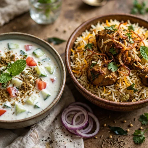 Refreshing Cucumber Tomato Raita (Kheera Tamatar Raita) Creamy cucumber tomato raita in a ceramic bowl garnished with roasted cumin powder and fresh mint