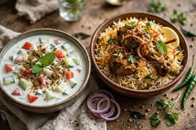 Creamy cucumber tomato raita in a ceramic bowl garnished with roasted cumin powder and fresh mint