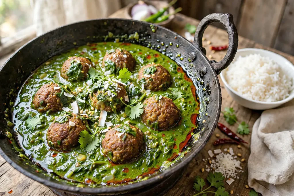 Golden mutton balls in bright green bachali gravy, oil on edges, coconut and coriander on top with rice