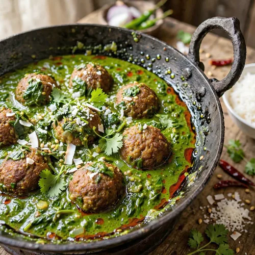 Golden mutton balls in bright green bachali gravy, oil on edges, coconut and coriander on top with rice