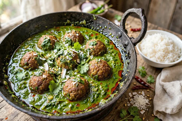 Golden mutton balls in bright green bachali gravy, oil on edges, coconut and coriander on top with rice