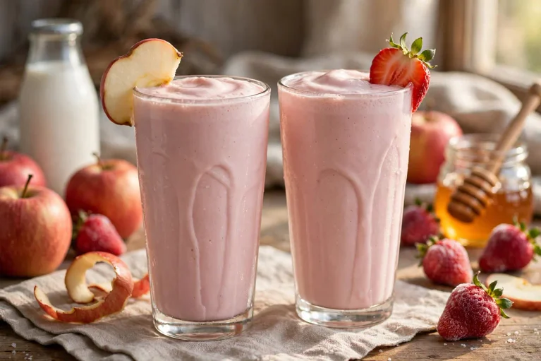 Creamy Apple Strawberry Milkshake (Thick, Non-Separating Method) Thick creamy apple strawberry milkshake in two tall glasses with apple and strawberry garnish