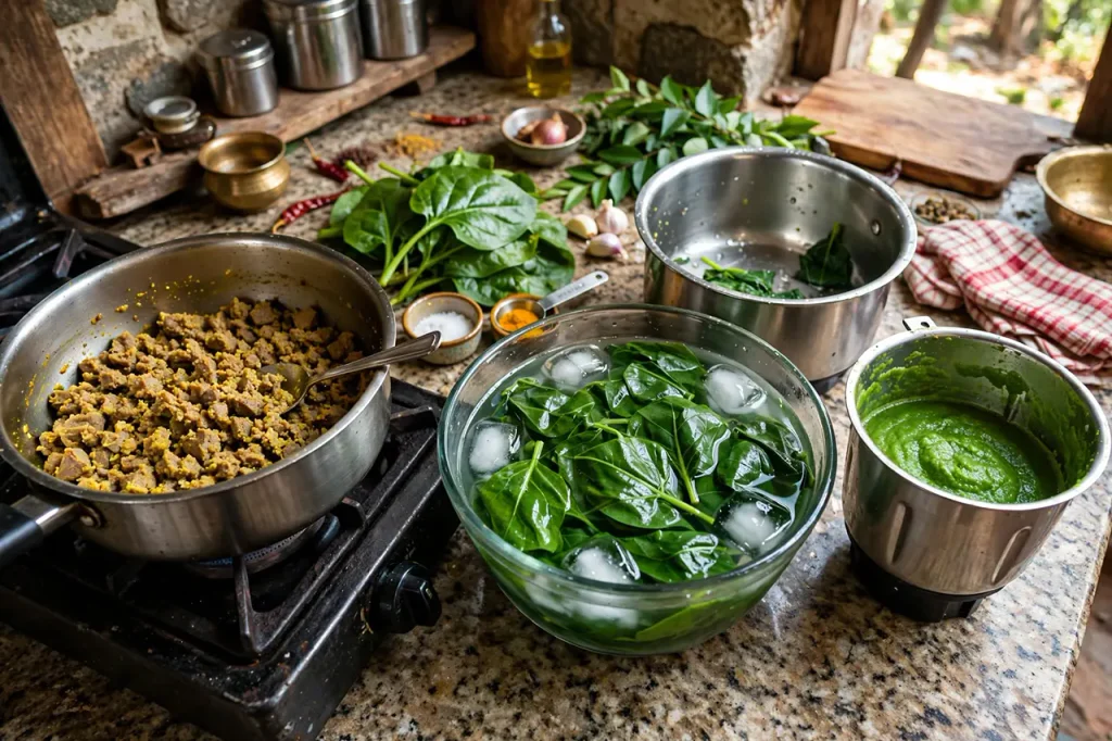 Mutton par-cooked till pan dry, bachali leaves in ice bath and bright green puree in mixer
