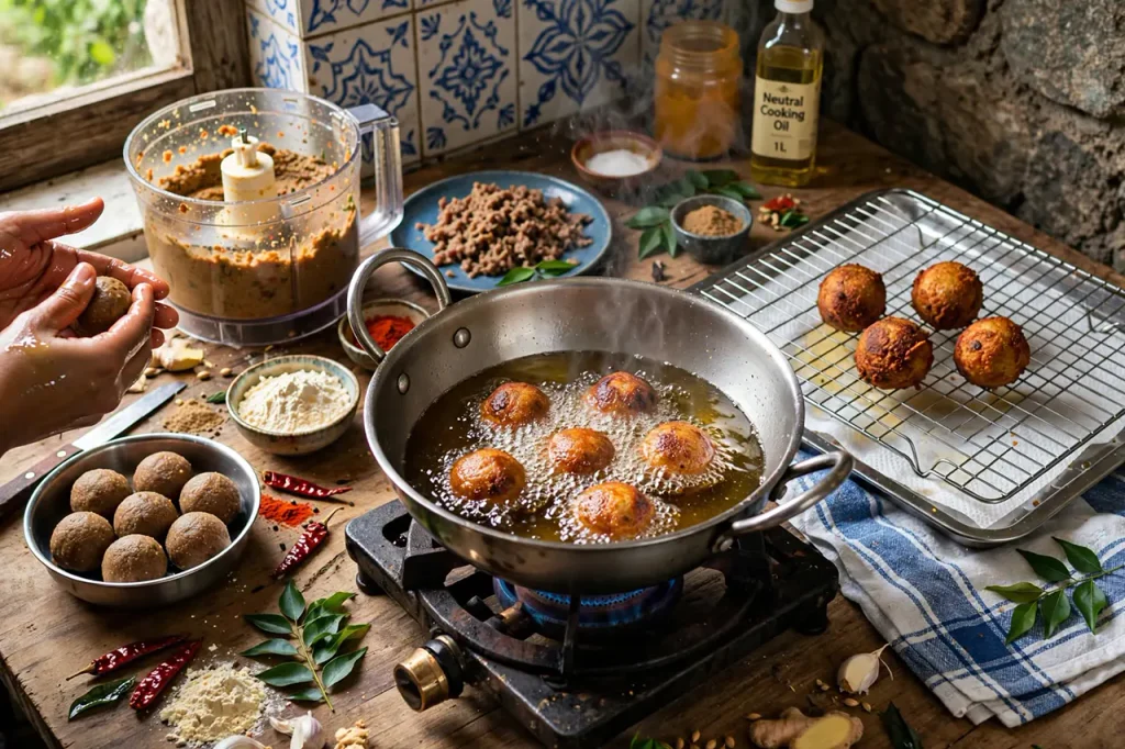 Tacky mutton paste shaped into 1-inch balls frying to deep golden crust in kadai