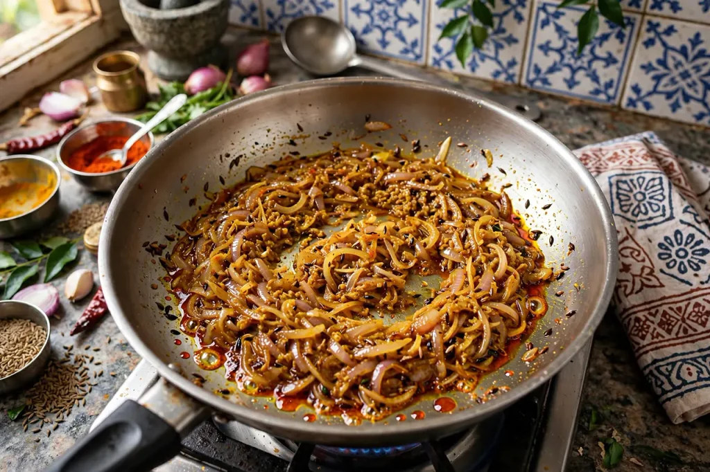 Cumin crackling, sliced onions soft amber, ginger-garlic and red oil separating