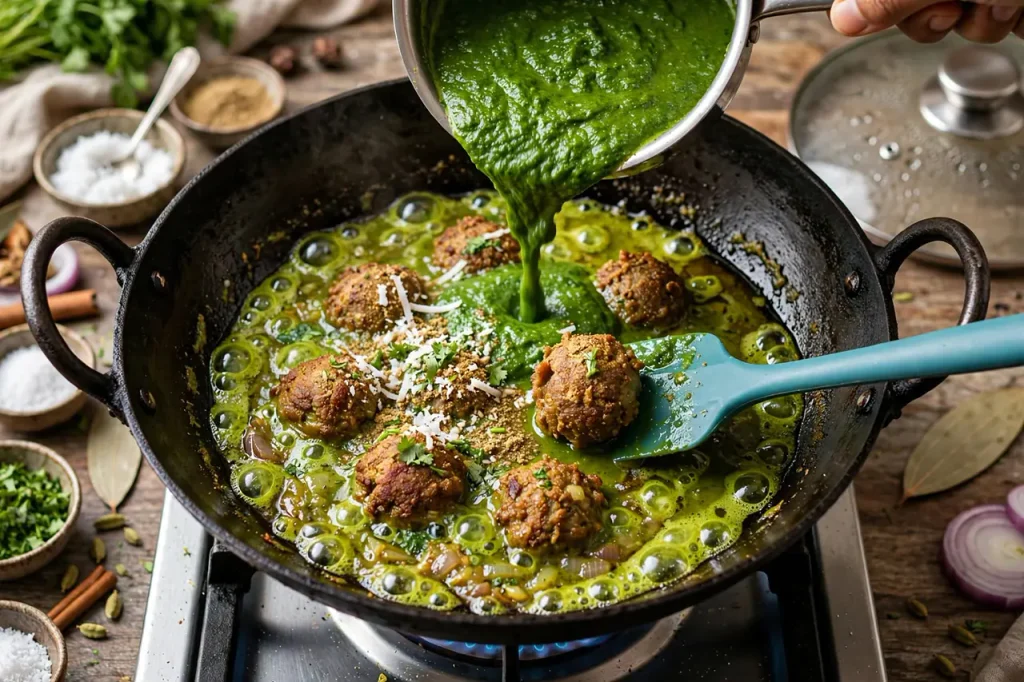 Green bachali gravy poured over fried meatballs, coconut and coriander on top bubbling