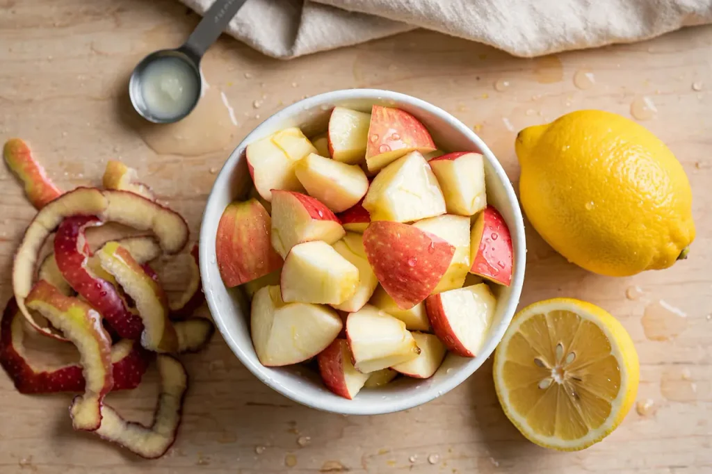 Creamy Apple Strawberry Milkshake (Thick, Non-Separating Method) Uneven natural apple cubes with reddish skin and peels aside, tossed in lemon juice