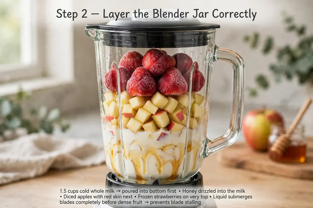 Creamy Apple Strawberry Milkshake (Thick, Non-Separating Method) Blender jar with milk, honey, natural apple cubes and frozen strawberries.