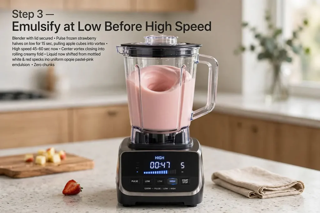 Creamy Apple Strawberry Milkshake (Thick, Non-Separating Method) Modern blender on high speed 47 seconds showing closed rolling creamy vortex, uniform opaque pastel-pink milkshake with zero chunks, no mottled specks