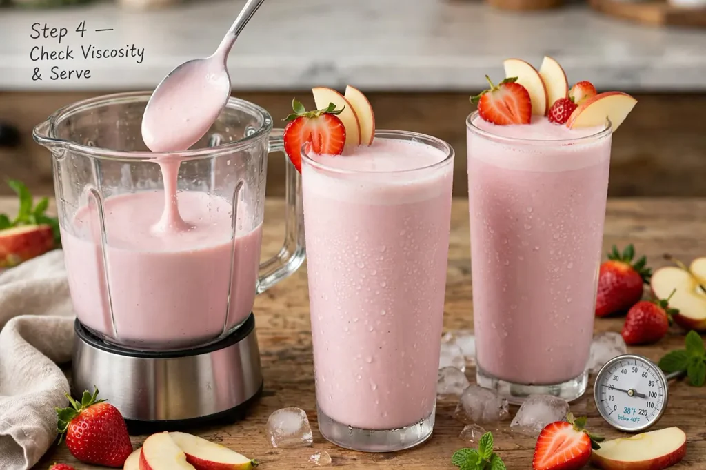 Creamy Apple Strawberry Milkshake (Thick, Non-Separating Method) Pink apple strawberry milkshake in blender and chilled glasses with spoon viscosity test