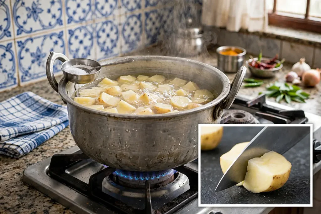 Andhra-Style Aloo Curry: Homestyle Potato Gravy in 30 Minutes Andhra style boiling diced potatoes 2cm cubes in aluminium ginne with salt on gas stove - parboil method for curry