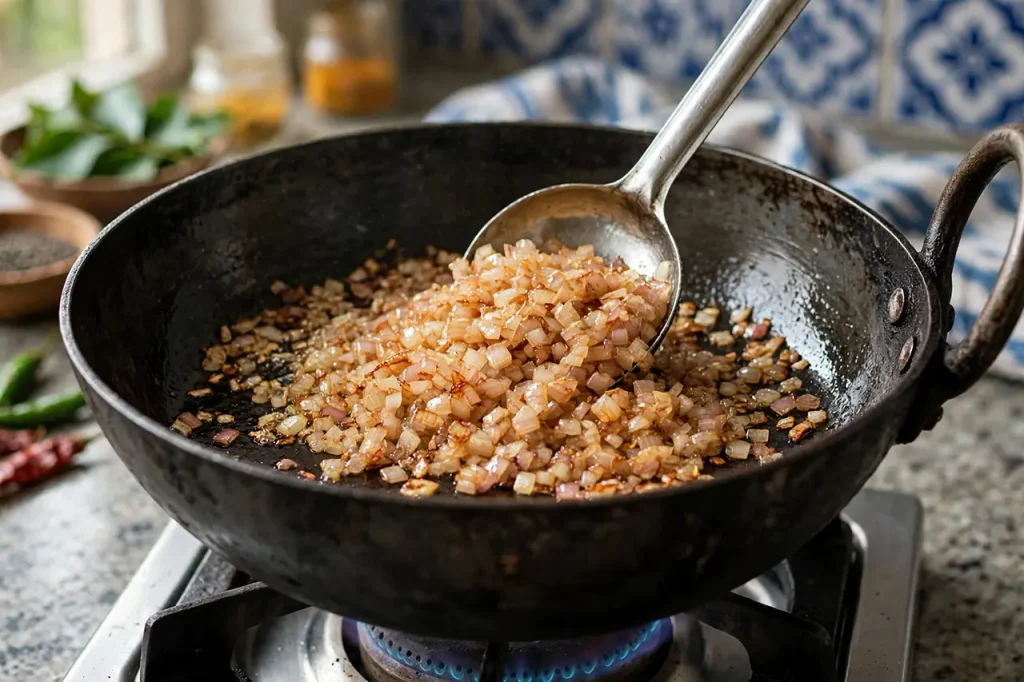 Andhra-Style Aloo Curry: Homestyle Potato Gravy in 30 Minutes finely diced onions sautéing 6-8 minutes in kadai with oil rippling turning amber golden brown Andhra style
