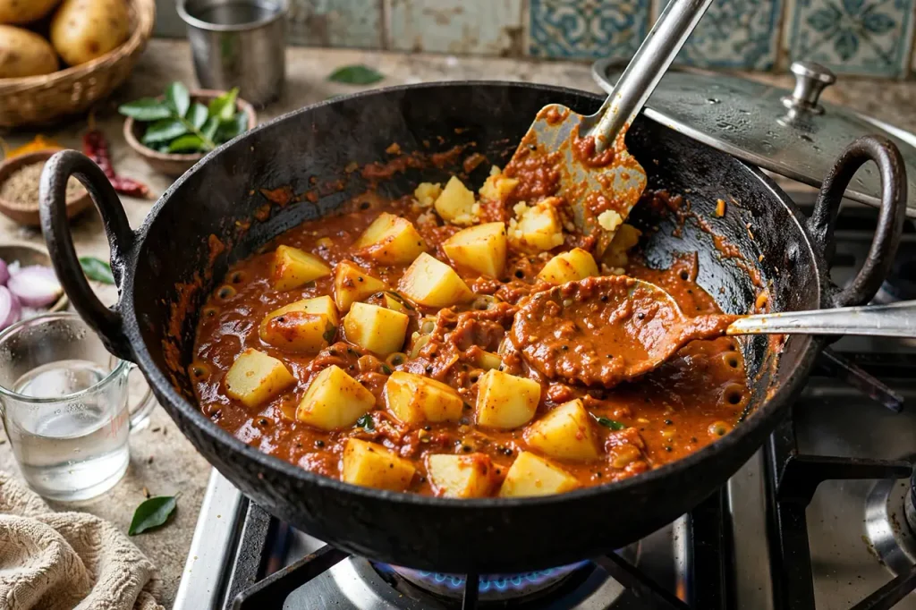 Andhra-Style Aloo Curry: Homestyle Potato Gravy in 30 Minutes parboiled potato cubes added to tomato masala with warm water crushing potatoes to thicken velvety gravy in kadai
