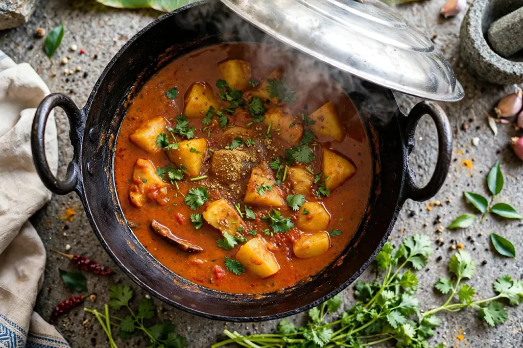 Andhra-Style Aloo Curry: Homestyle Potato Gravy in 30 Minutes aloo curry finishing with garam masala and fresh coriander leaves sprinkled off heat steam resting covered 3 minutes