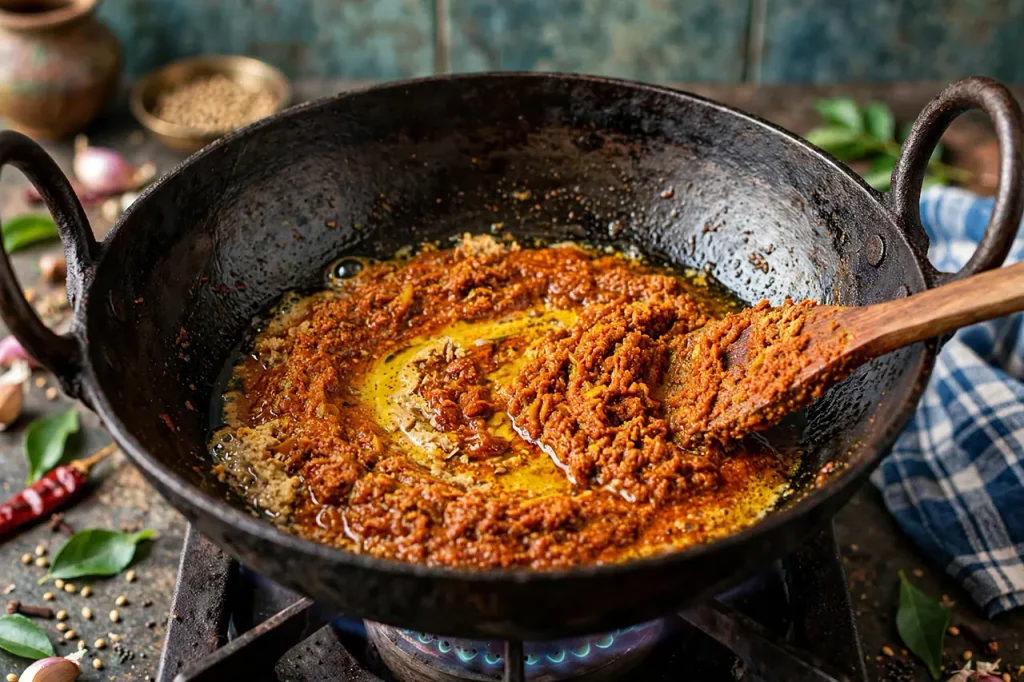 Andhra-Style Aloo Curry: Homestyle Potato Gravy in 30 Minutes ginger garlic paste sautéed with turmeric red chili coriander powder foaming deep brick red in kadai on medium low heat Andhra style