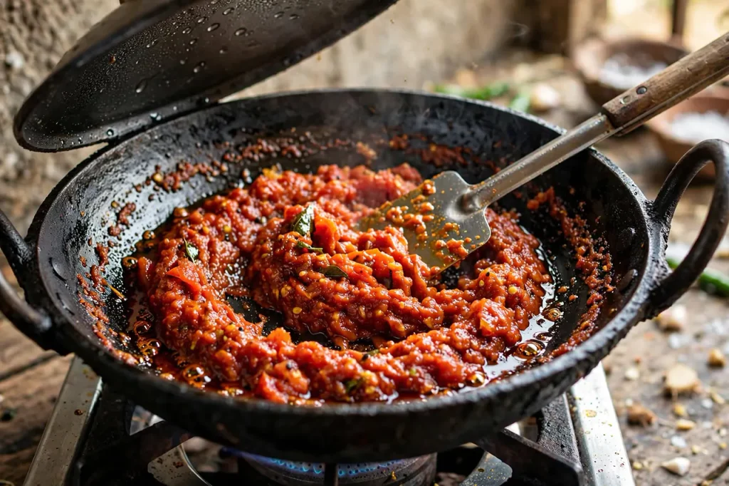 Andhra-Style Aloo Curry: Homestyle Potato Gravy in 30 Minutes chopped tomatoes breaking down into jam-like masala paste in black kadai with red oil separating at edges medium heat