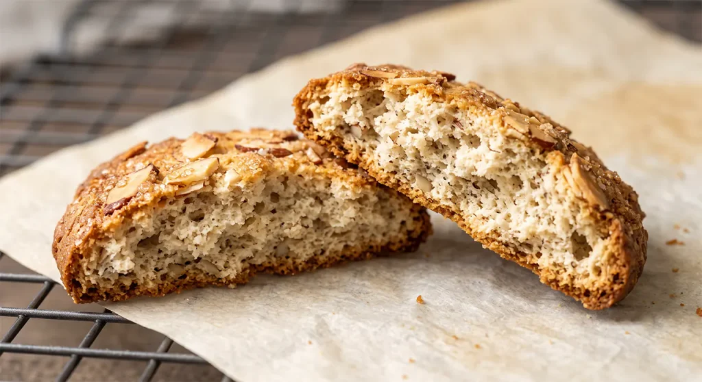 Almond Cookies Recipe (Crisp Bakery-Style Badam Biscuits) Close-up cross section of a broken baked almond cookie showing its light, crisp, and crumbly interior crumb structure with tiny flecks of chopped almonds.