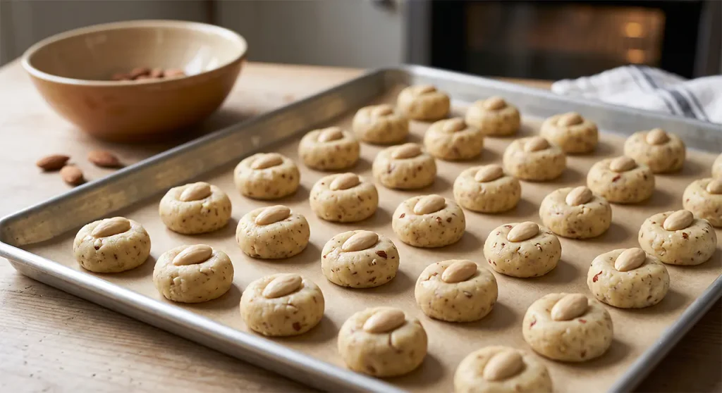 Almond Cookies Recipe (Crisp Bakery-Style Badam Biscuits) Neat rows of chilled round almond cookie dough balls placed on a parchment-lined metal baking tray, each topped with a single whole blanched almond before baking.