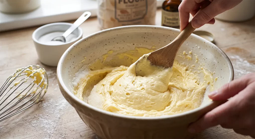 Almond Cookies Recipe (Crisp Bakery-Style Badam Biscuits) Hands creaming softened butter and powdered sugar mixture in a beige ceramic mixing bowl with a wooden spoon, preparing the dough for bakery-style almond cookies.