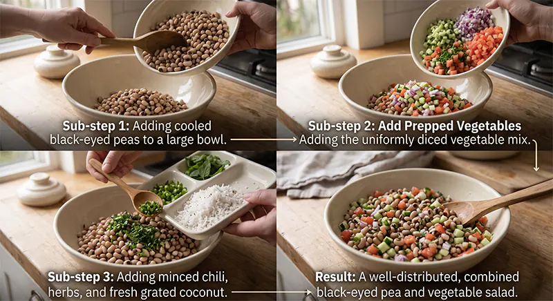 Fresh Indian Black-Eyed Pea Salad (Lobia Salad) Adding black-eyed peas with diced vegetables, coconut grate and herbs.