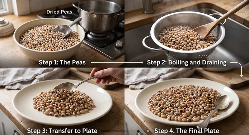Fresh Indian Black-Eyed Pea Salad (Lobia Salad) Cooked black-eyed peas drained and spread on a plate to cool for salad