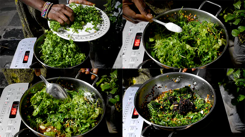 How to Make Coriander Chutney Recipe (Cooked Andhra Kothimeera Pachadi) Wilt the Greens and Tamarind