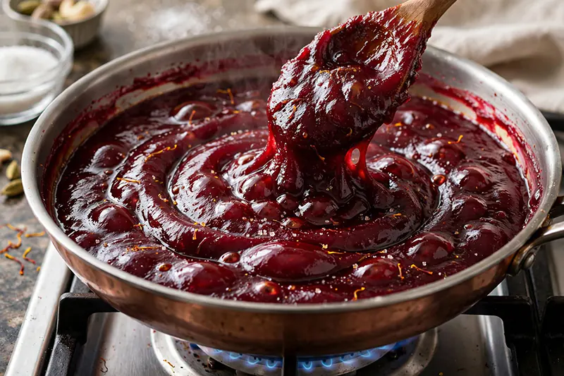 Traditional Beetroot Halwa Recipe (Rich, Velvety, No Earthy Taste) beetroot halwa sugar saffron added glossy liquefied thickening deep ruby maroon slow bubbles
