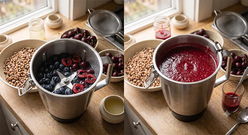 Refreshing Homemade Blueberry Cherry Juice (Quick Mixie Recipe) Pureeing blueberries and cherries with chilled water in a blender jar