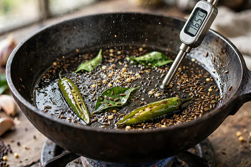 Authentic Black Bengal Gram Curry (Kala Chana Gravy) oil heated 165C mustard cumin seeds crackling curry leaves green chillies toasted nutty aroma