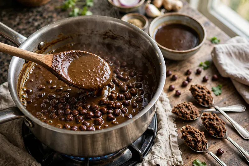 Authentic Black Bengal Gram Curry (Kala Chana Gravy) cooked Bengal gram reserved liquid added mashed coarse paste stirred velvety curry coating spoon