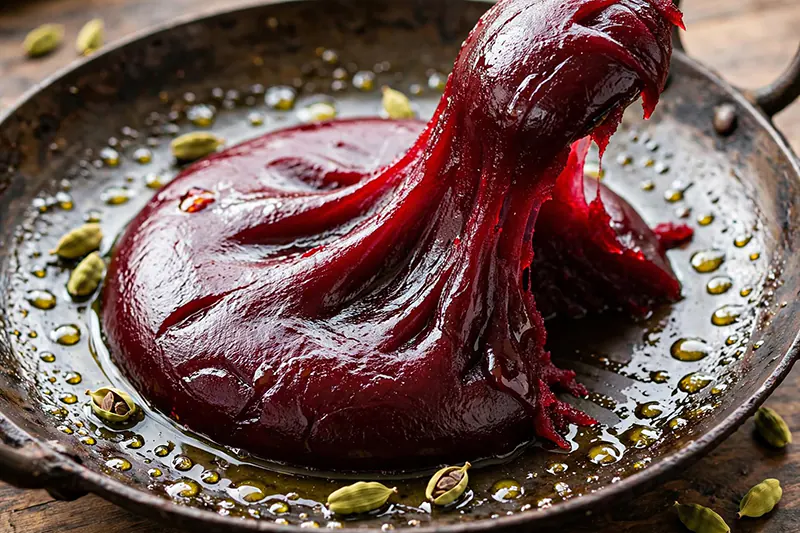 Traditional Beetroot Halwa Recipe (Rich, Velvety, No Earthy Taste) final bhunao beetroot halwa 2 tbsp ghee cardamom powder glossy mass pulling clean ghee droplets