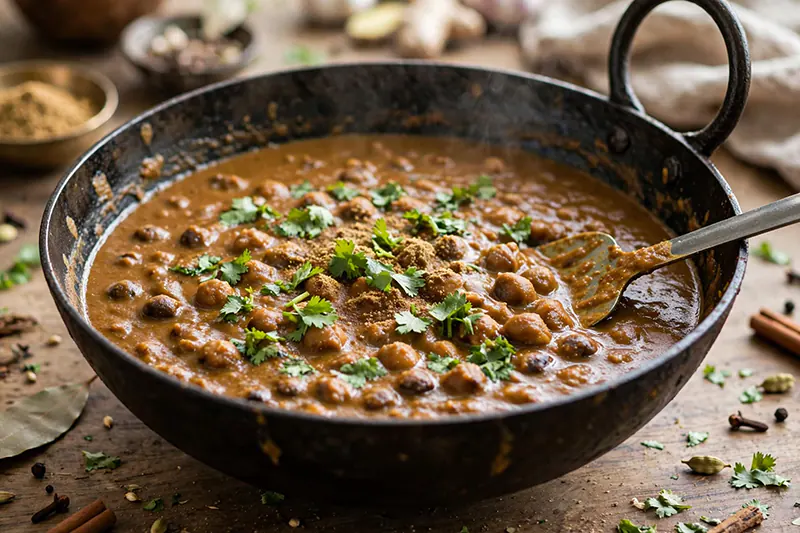 Authentic Black Bengal Gram Curry (Kala Chana Gravy) authentic Bengal gram curry finished garam masala fresh coriander leaves simmered rested 5 minutes kadai