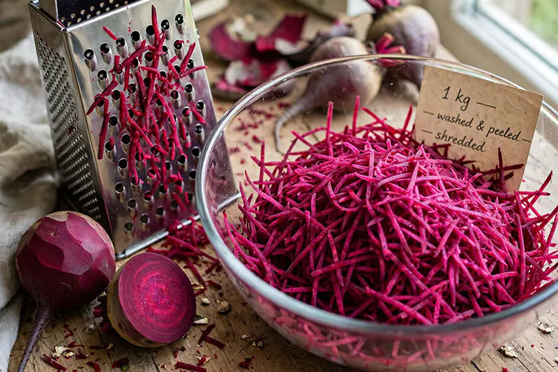Traditional Beetroot Halwa Recipe (Rich, Velvety, No Earthy Taste) 1 kg fresh beetroots washed peeled grated medium teardrop holes uniform loose shreds