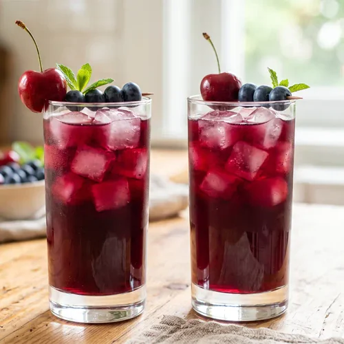Refreshing Homemade Blueberry Cherry Juice (Quick Mixie Recipe) Two glasses of fresh blueberry cherry juice served with ice cubes