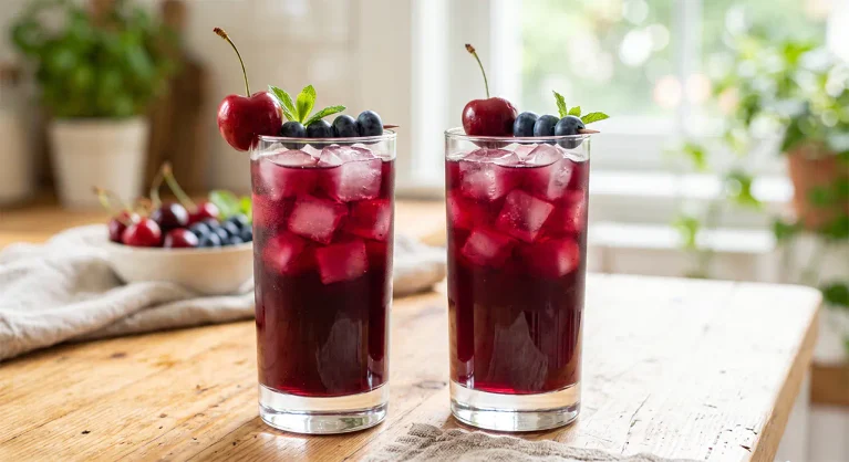 Refreshing Homemade Blueberry Cherry Juice (Quick Mixie Recipe) Two glasses of fresh blueberry cherry juice served with ice cubes