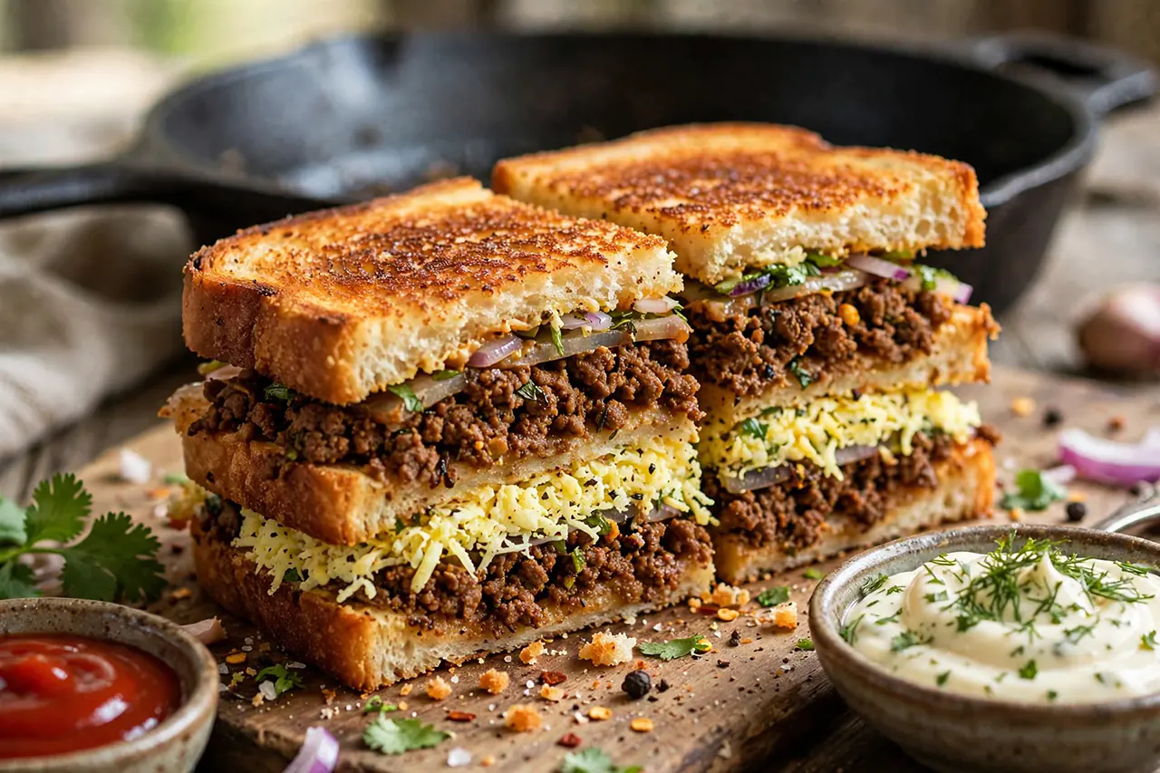 Crispy Indian Beef Sandwich Recipe (Spiced Keema Toastie) beef sandwich recipe hero toasted triple decker golden crispy minced beef boiled