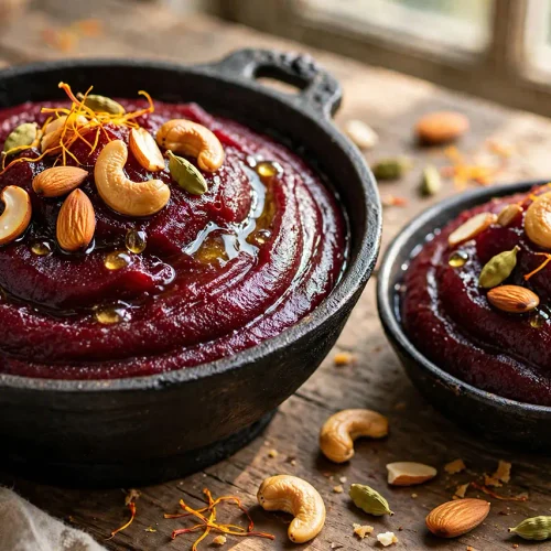 Traditional Beetroot Halwa Recipe (Rich, Velvety, No Earthy Taste) beetroot halwa tossed with ghee roasted cashews almonds and saffron