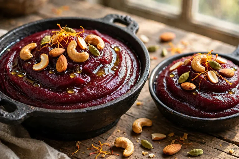 beetroot halwa tossed with ghee roasted cashews almonds and saffron