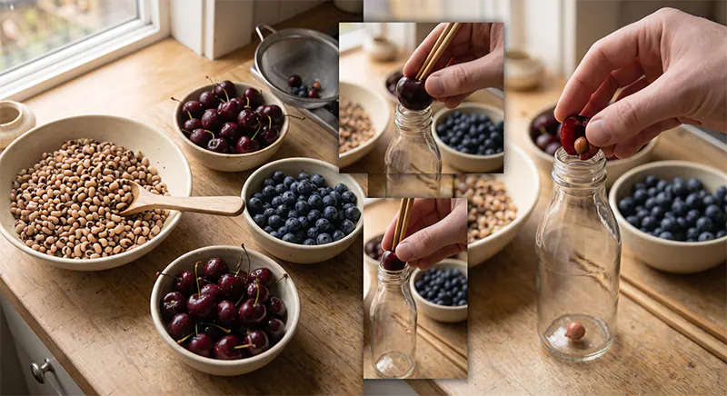 Refreshing Homemade Blueberry Cherry Juice (Quick Mixie Recipe) Pitting fresh sweet cherries over a glass bottle using a chopstick