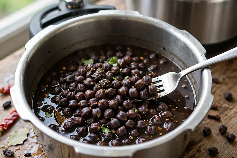 Authentic Black Bengal Gram Curry (Kala Chana Gravy) pressure cooker cooked Bengal gram kala chana fork tender dark cooking broth reserved