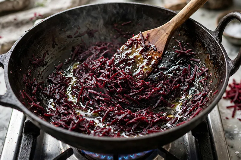 Traditional Beetroot Halwa Recipe (Rich, Velvety, No Earthy Taste) grated beets sautéed in 2 tbsp ghee heavy kadai 6 to 8 minutes sweet vegetal aroma