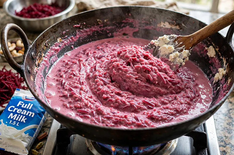 Traditional Beetroot Halwa Recipe (Rich, Velvety, No Earthy Taste) beetroot halwa simmering 1.5 liters warm full cream milk rolling boil to thick porridge scraping malai
