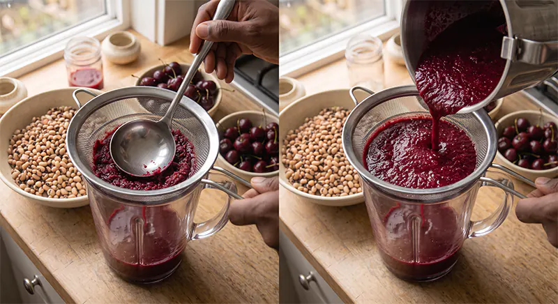 Refreshing Homemade Blueberry Cherry Juice (Quick Mixie Recipe) Straining blueberry cherry juice pulp through a fine mesh sieve