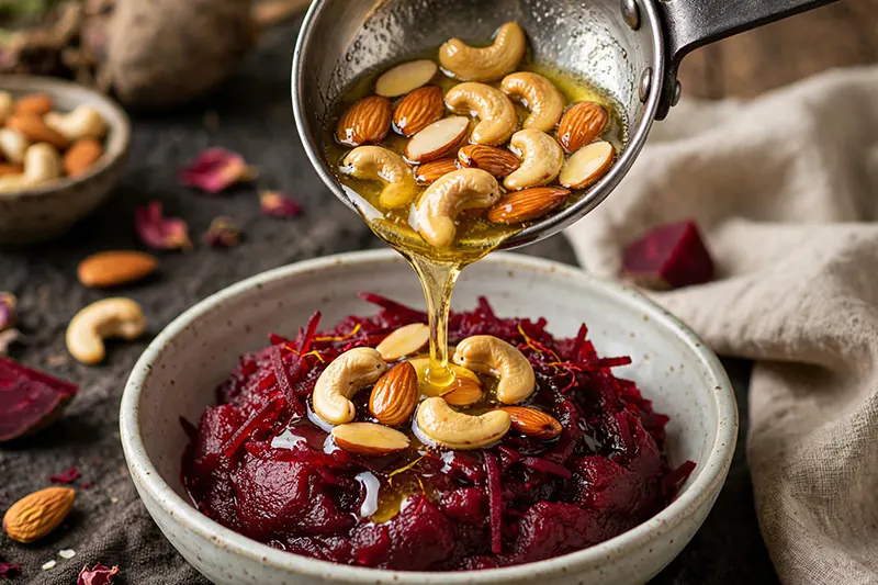 Traditional Beetroot Halwa Recipe (Rich, Velvety, No Earthy Taste) tadka pan fried cashews almonds ghee pale golden pouring over finished beet halwa garnish