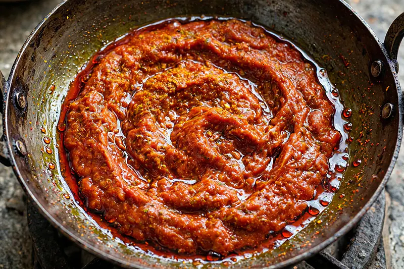 Authentic Black Bengal Gram Curry (Kala Chana Gravy) tomato puree turmeric coriander cumin red chili glossy paste red oil separation rogan