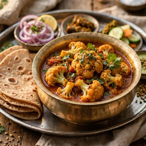 Plated homestyle Indian cauliflower curry with tender florets in a rich tomato gravy, served with rotis.