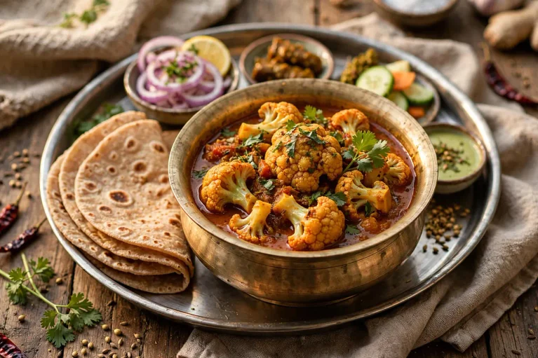 Plated homestyle Indian cauliflower curry with tender florets in a rich tomato gravy, served with rotis.