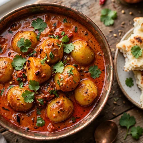 North Indian restaurant style dum aloo served in a bowl garnished with coriander